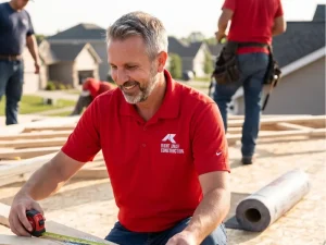 Josh Kujawa of Right Away Construction measuring lumber during framing on a Twin Cities home