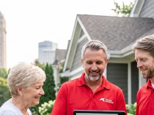 Josh and Lewis of Right Away Construction, a Twin Cities roofing company, reviewing plans with a Minneapolis homeowner