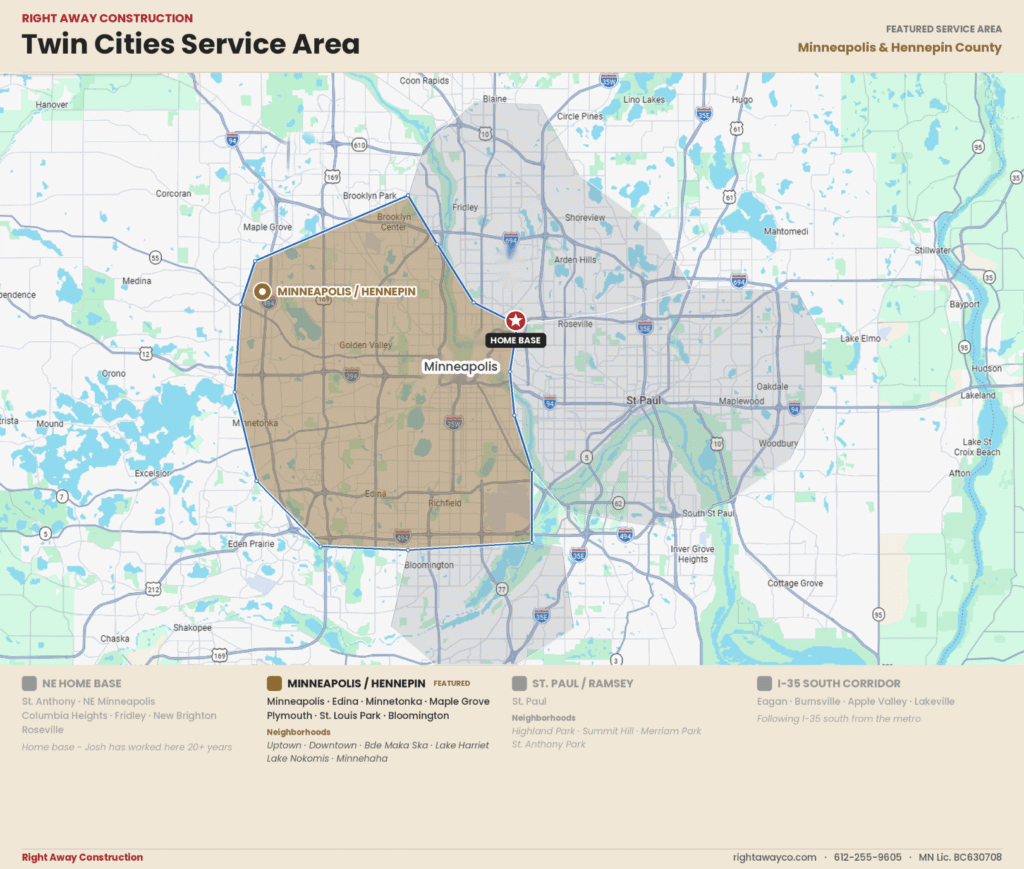 Map of Right Away Construction's Twin Cities roofing service area with Minneapolis and Hennepin County highlighted.
