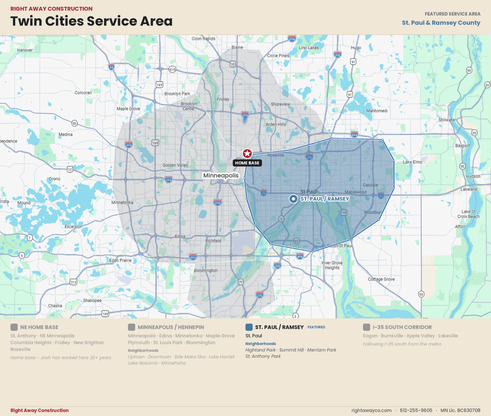 Map of Right Away Construction's Twin Cities roofing service area with St. Paul and Ramsey County highlighted.