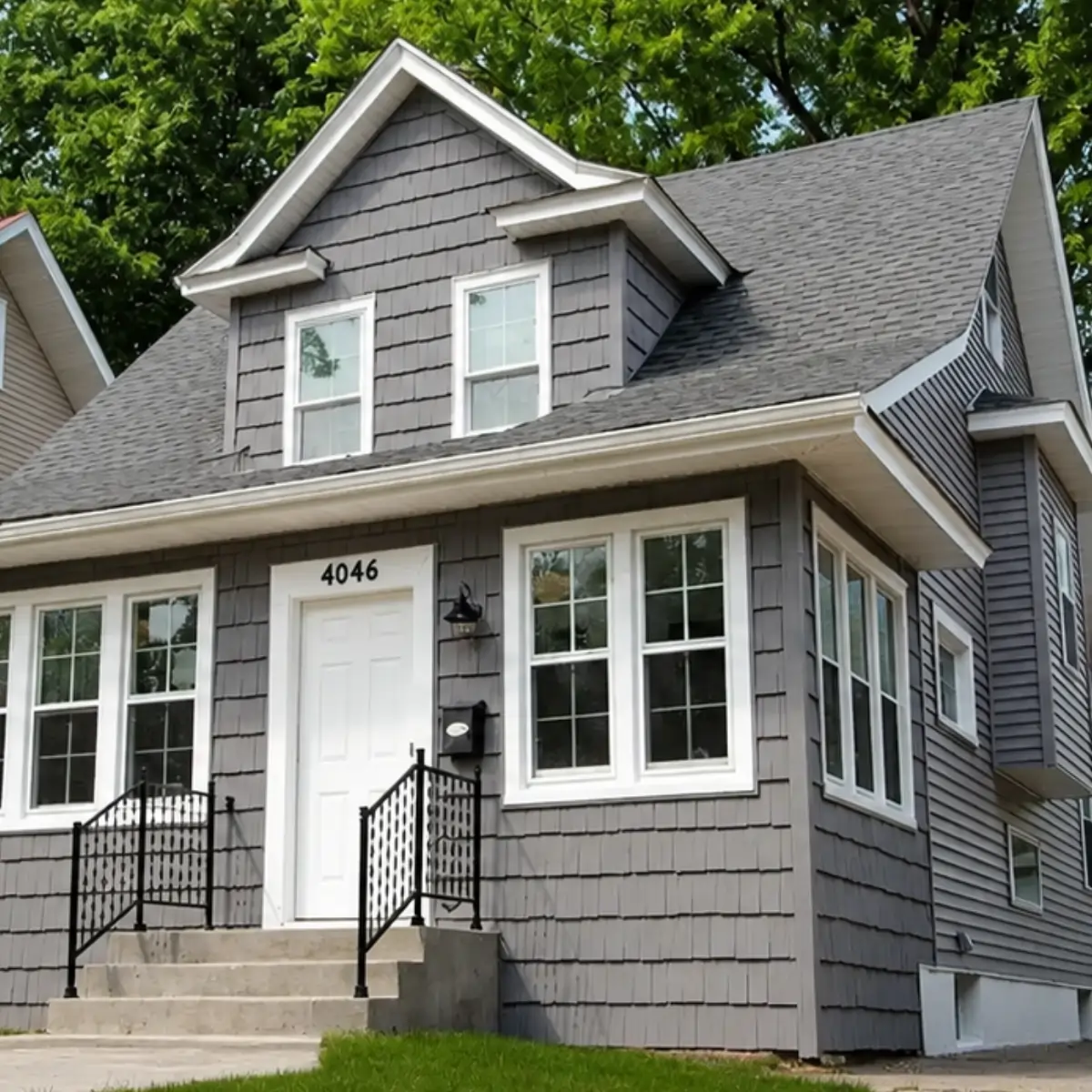 Charcoal architectural asphalt shingle roof replacement by Right Away Construction on a Twin Cities family home with gray shake and lap siding