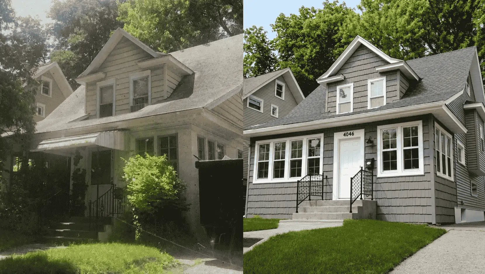 Before and after of a Northeast Minneapolis home with a new shingle roof and new siding by Right Away Construction.