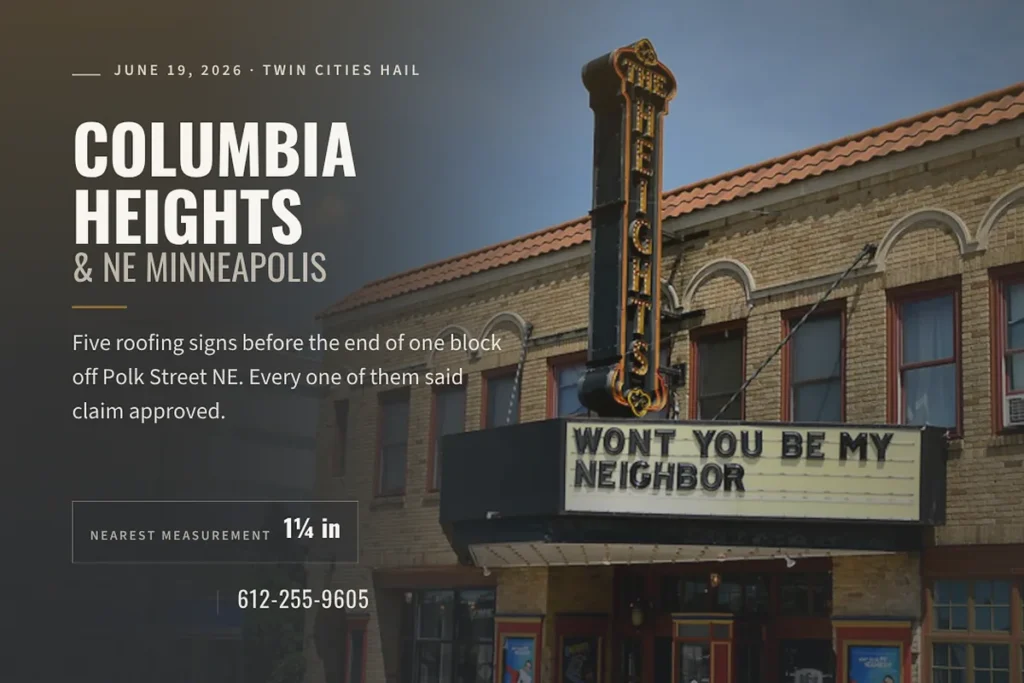 Columbia Heights hail damage title card for the June 19, 2026 storm, with the 1.25 inch nearest measurement