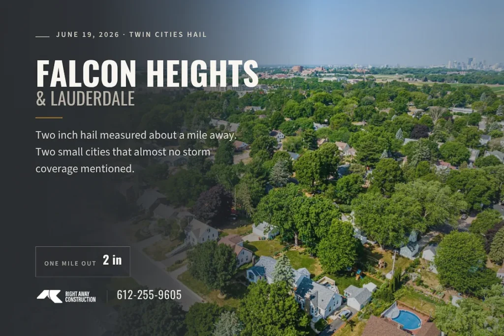 Falcon Heights hail damage title card for the June 19, 2026 storm, with the 2 inch measurement one mile out