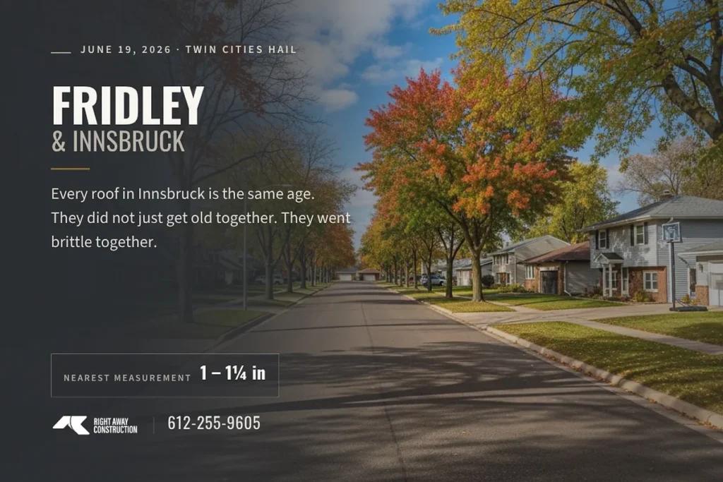 Fridley hail damage title card for the June 19, 2026 storm, with the 1 to 1.25 inch nearest measurement