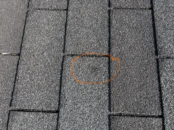 The same St. Anthony shingle photograph with one hail impact circled on the image in orange.