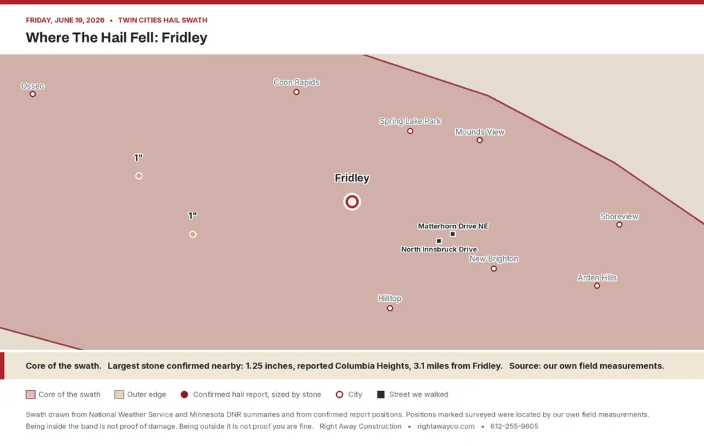 Fridley hail damage map showing the June 19 swath, nearby confirmed reports and North Innsbruck Drive