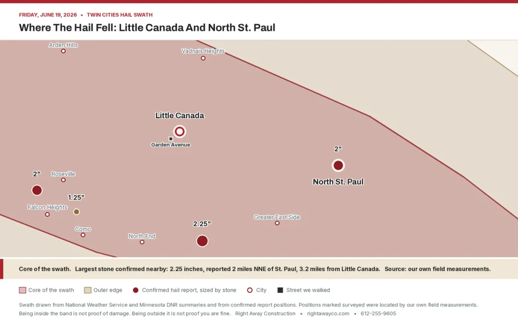 North St. Paul hail damage map showing the east end of the June 19 swath and the 2.25 inch report
