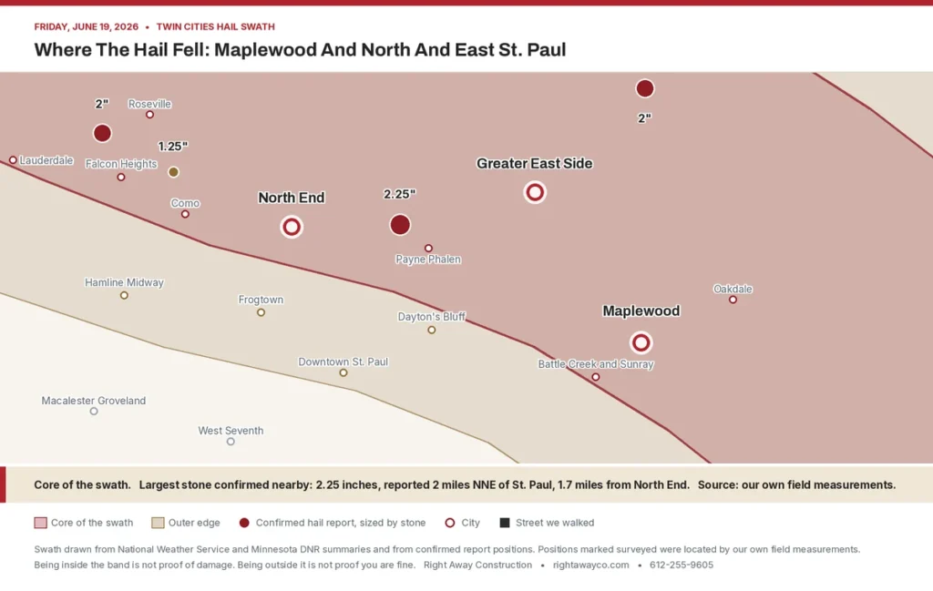 Maplewood hail damage map showing the June 19 swath and the 2.25 inch report north of Maryland Avenue