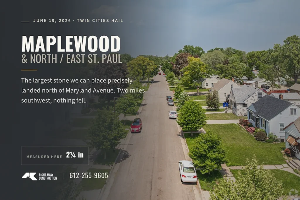 Maplewood hail damage title card for the June 19, 2026 storm, with the 2.25 inch measurement taken here