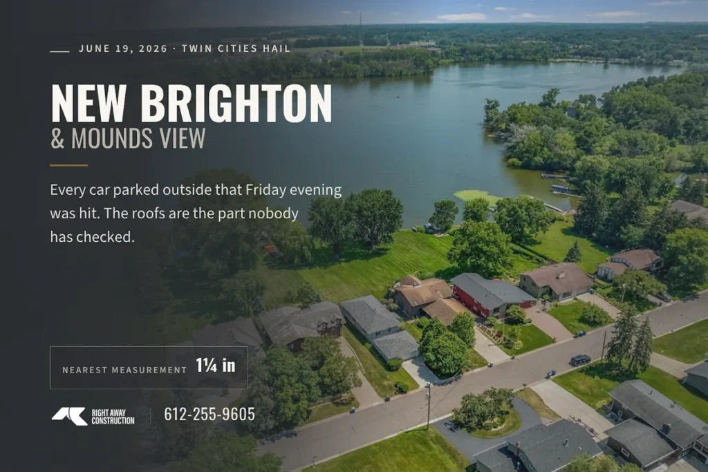 New Brighton hail damage title card for the June 19, 2026 storm, with the 1.25 inch nearest measurement