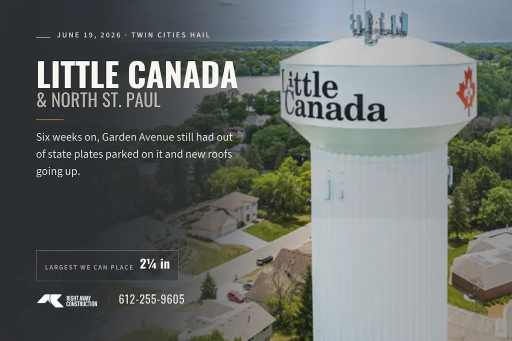 North St. Paul hail damage title card for the June 19, 2026 storm, with the 2.25 inch largest placed measurement