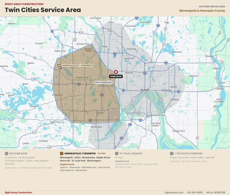 Map of Right Away Construction's Twin Cities roofing service area with Minneapolis and Hennepin County featured