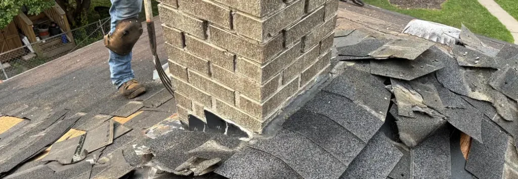 A Right Away Construction crew member on a Northeast Minneapolis roof, working beside the brick chimney.