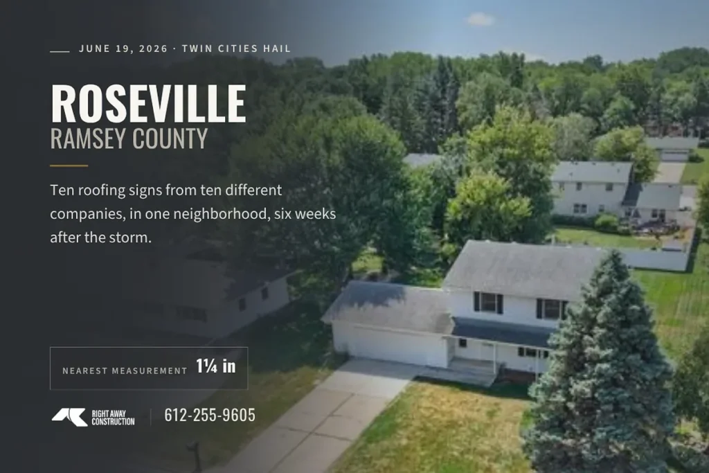 Roseville hail damage title card for the June 19, 2026 storm, with the 1.25 inch nearest measurement