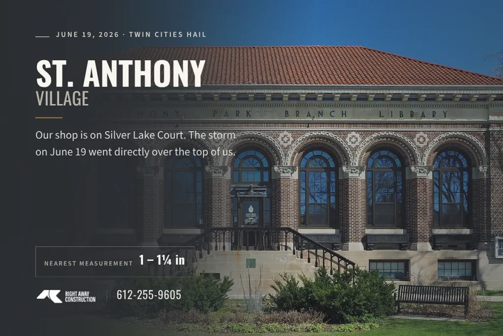 St. Anthony hail damage title card for the June 19, 2026 storm, with the 1 to 1.25 inch nearest measurement