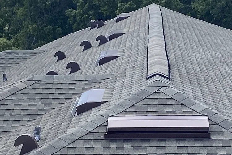 Completed condominium roof plane with ridge vent and turtle vents