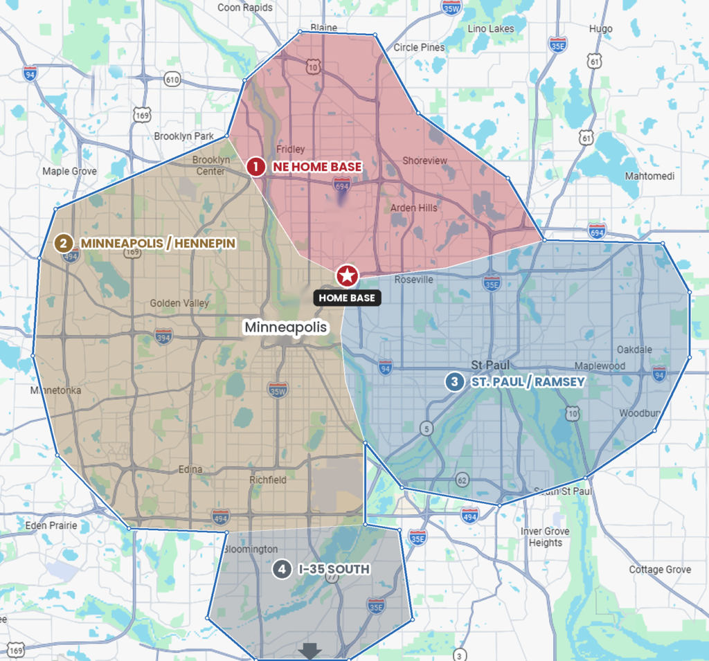 Map of Right Away Construction's Twin Cities roofing service area - Hennepin and Ramsey counties and the I-35 south corridor