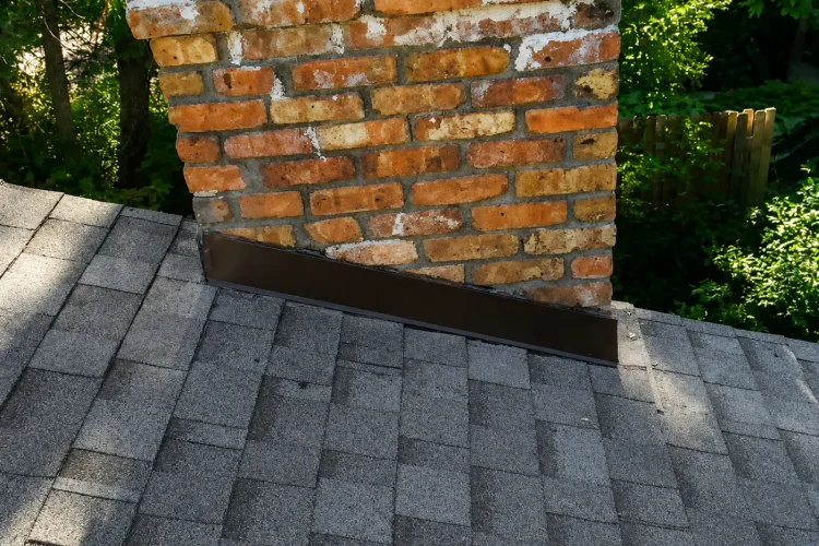 Close-up of new chimney step flashing on a newly shingled roof in Minnetonka, MN installed by Right Away Construction