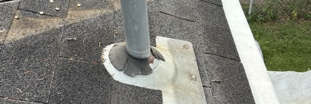Plumbing vent pipe and metal boot on a low-slope section of a Minneapolis roof.