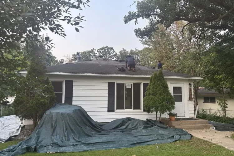 Roof tear-off underway on a Minneapolis home with tarps protecting the landscaping below.